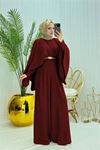 Neşeli butik kadın pelerinli kemer detaylı tesettür tulum NMS061