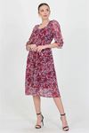 Neşeli butik kadın bordo kalp yaka yeni sezon desenli şifon elbise RY0030