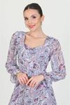 Neşeli butik kadın gri kalp yaka yeni sezon desenli şifon elbise RY0030