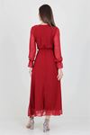 Neşeli Butik Kadın Bordo Yeni Sezon Astarlı Kruvaze Yaka Uzun Şifon Elbise NB003