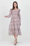 Neşeli butik kadın bej desenli kare yaka gipeli şifon elbise NB100361
