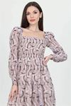 Neşeli butik kadın bej desenli kare yaka gipeli şifon elbise NB100361