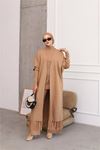 Neşeli butik kadın camel tesettür üçlü triko takım NMS021