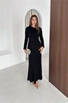 Neşeli butik kadın siyah fitilli triko tam boy standart beden arka bağlamalı elbise NBK2585