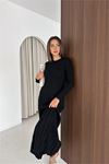 Neşeli butik kadın siyah fitilli triko tam boy standart beden arka bağlamalı elbise NBK2585