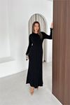 Neşeli butik kadın siyah fitilli triko tam boy standart beden arka bağlamalı elbise NBK2585