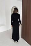 Neşeli butik kadın siyah fitilli triko tam boy standart beden arka bağlamalı elbise NBK2585