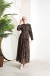 Neşeli butik kadın kemerli leopar desenli tesettür şifon elbise SMS014