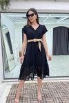 Neşeli butik kadın siyah hasır kemerli dantel elbise DK0001