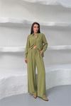 Neşeli butik kadın yeşil tensel kumaş oversize gömlek pantolon ikili takım NBNP037