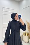 Neşeli butik kadın bağlama detaylı jakarlı tesettür elbise NMS044