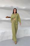 Neşeli butik kadın yeşil tensel kumaş oversize gömlek pantolon ikili takım NBNP037