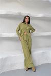 Neşeli butik kadın yeşil tensel kumaş oversize gömlek pantolon ikili takım NBNP037
