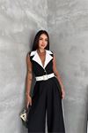Neşeli butik kadın siyah çift renkli kemerli şerit detaylı tam boy kolsuz tulum NBK087