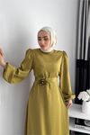 Neşeli butik kadın saten taş detaylı tesettür elbise NMS050