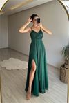 Neşeli butik kadın ışıltılı askılı yırtmaç detayı şifon abiye elbise NM002