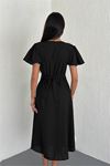 Neşeli butik kadın kuşaklı kruvaze yaka keten elbise NBK058