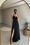 Neşeli butik kadın ışıltılı askılı yırtmaç detayı şifon abiye elbise NM002