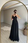 Neşeli butik kadın ışıltılı askılı yırtmaç detayı şifon abiye elbise NM002
