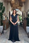 Neşeli butik kadın siyah kruvaze yaka maxi boy premium elbise RYMY4057