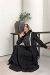 Neşeli butik kadın siyah gömlek yaka dantel detaylı kat kat tasarım elbise