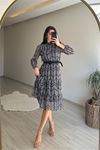 Neşeli butik kadın yaka lastikli küçük puantiyeli midi şifon elbise NM022