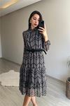 Neşeli butik kadın yaka lastikli küçük puantiyeli midi şifon elbise NM022