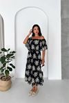 Neşeli butik kadın siyah madonna yaka şifon desenli midi boy elbise NBK091