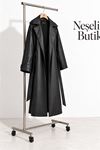 Neşeli butik kadın siyah kol detaylı tam boy suni deri kuşaklı premium trençkot NBELV01