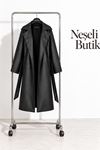Neşeli butik kadın siyah kol detaylı tam boy suni deri kuşaklı premium trençkot NBELV01