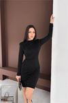 Neşeli butik kadın siyah dik yaka vatkalı taş detaylı mini elbise NBK5001