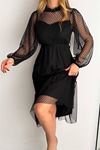 Neşeli butik kadın kuşaklı midi boy siyah tül elbise NBKKLF2011