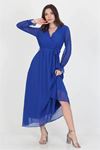 Neşeli Butik Kadın Yeni Sezon Astarlı Kruvaze Yaka Uzun Şifon Elbise NB003