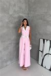 Neşeli butik kadın pembe çift renkli kemerli şerit detaylı tam boy kolsuz tulum NBK087