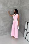 Neşeli butik kadın pembe çift renkli kemerli şerit detaylı tam boy kolsuz tulum NBK087