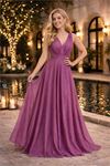 Neşeli butik kadın mor v yaka simli tül abiye elbise NBS9223
