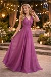Neşeli butik kadın mor v yaka simli tül abiye elbise NBS9223