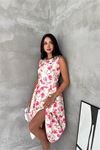 Neşeli butik kadın pembe çiçek desenli kolsuz midi boy kloş kemerli elbise NBK4645