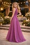 Neşeli butik kadın mor v yaka simli tül abiye elbise NBS9223