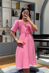 Neşeli butik kadın fuşya müslin kumaş yazlık elbise NBMY3753