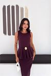 Neşeli butik kadın mürdüm kolsuz peplum kesim midi boy kemer tokalı elbise NBK4640