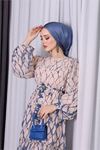 Neşeli butik kadın şifon eteği fırfırlı desenli tesettür elbise SMS008