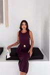 Neşeli butik kadın mürdüm kolsuz peplum kesim midi boy kemer tokalı elbise NBK4640