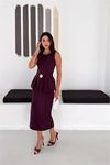 Neşeli butik kadın mürdüm kolsuz peplum kesim midi boy kemer tokalı elbise NBK4640