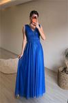 Neşeli butik kadın drapeli ışıltılı kalın askılı abiye elbise NM003