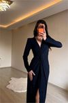 Neşeli butik kadın mavi bel büzgü detaylı yırtmaçlı midi boy abiye elbise NM027