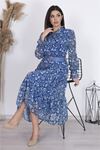 Neşeli butik kadın astarlı etnik desenli şifon elbise RSNB002 - Mavi