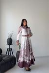 Neşeli butik kadın mor gömlek yaka kemer detaylı desenli tasarım elbise --- NBMS2648