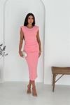 Neşeli butik kadın drapeli pembe midi elbise NBK4246