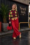 Neşeli butik kadın kırmızı kolej tarzı baklava desenli düğmeli triko hırka NBHT06